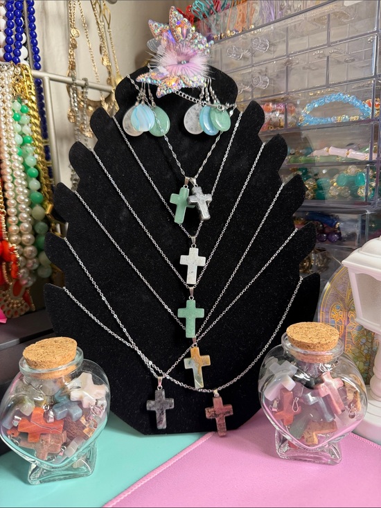 Jewelry - Silver Chain Cross Necklace with Stone Pendant - Multiple Colors